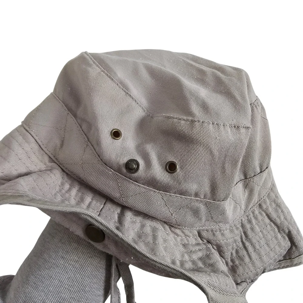 Grey Cotton Twill Bucket Hat with Snap Up Brim and‎ Adjustable Chin Strap